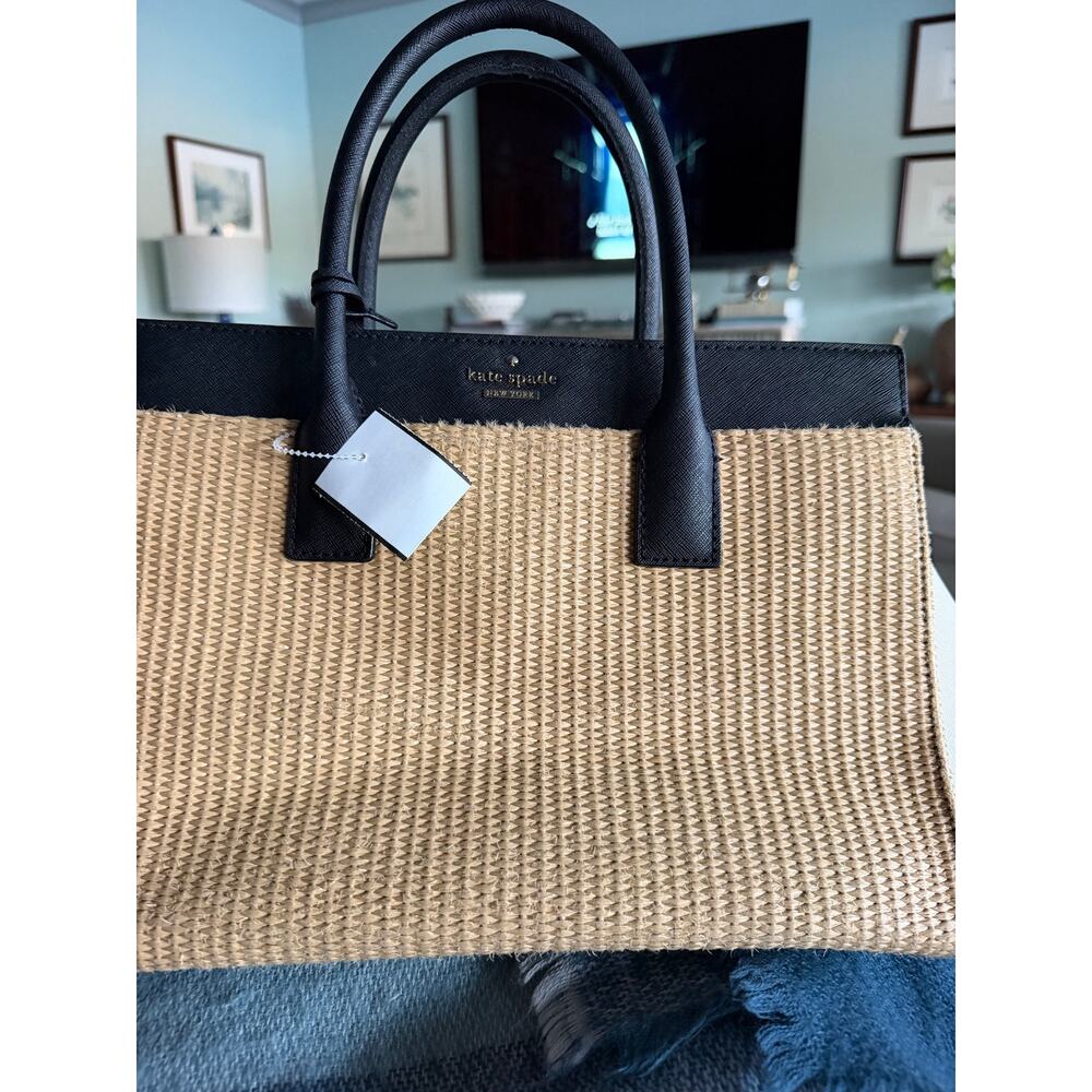 kate spade Black and Natural Straw Top-Handle Shoulder Bag - Picture 8 of 15